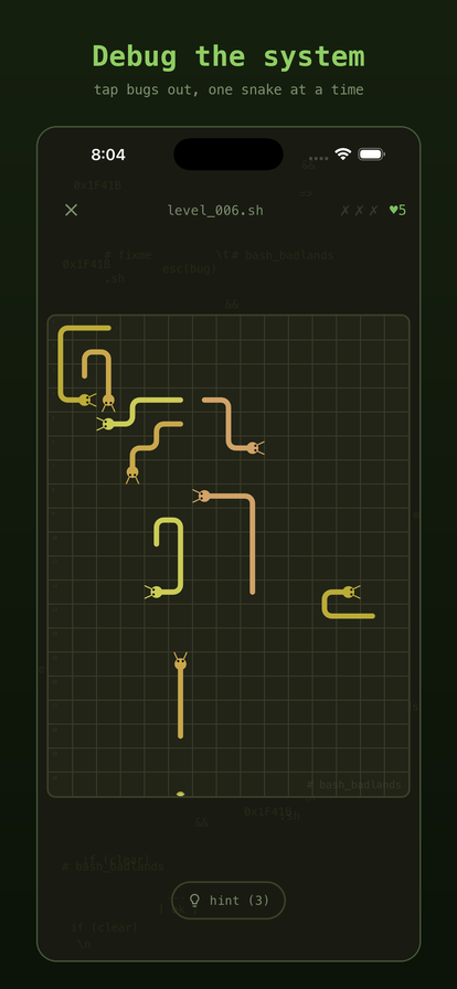 A near-solved board with one snake mid-escape
