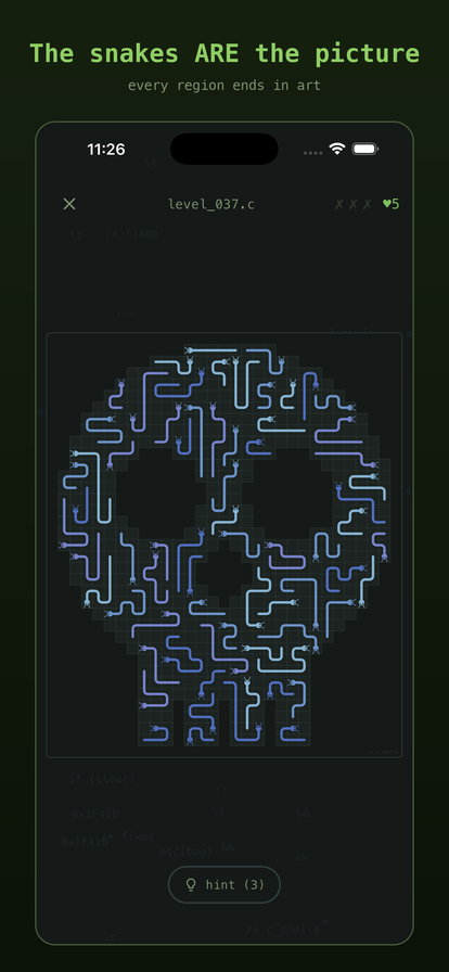 A skull-shaped picture level made entirely of snakes