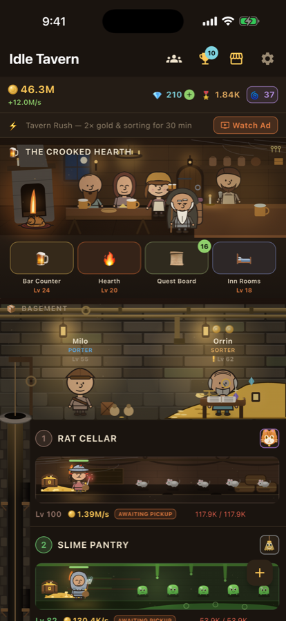 The tavern, the basement, and the top dungeon floors in one cutaway view