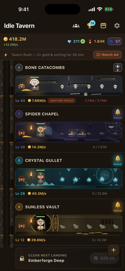 Four dungeon floors, each with its own hand-drawn scene