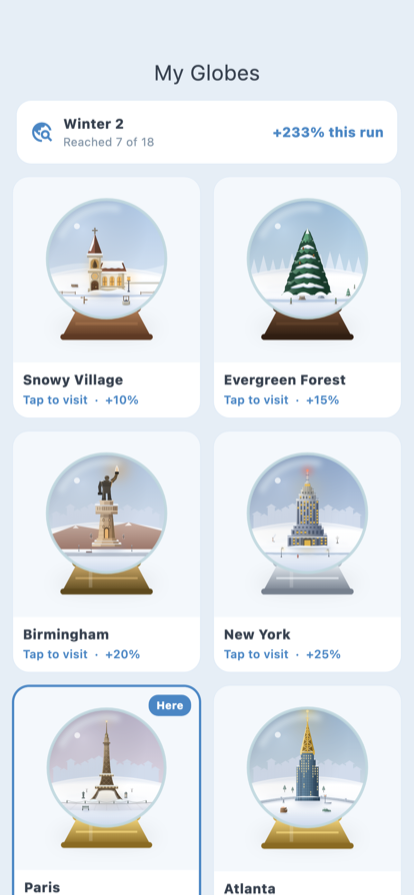 My Globes — the collection, with the ones you haven't reached frosted over