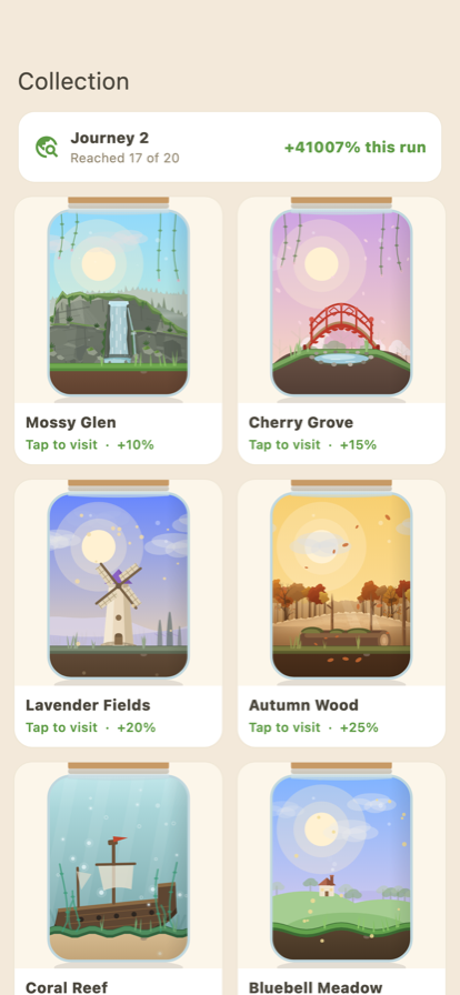 The collection screen showing the twenty terrariums as jars